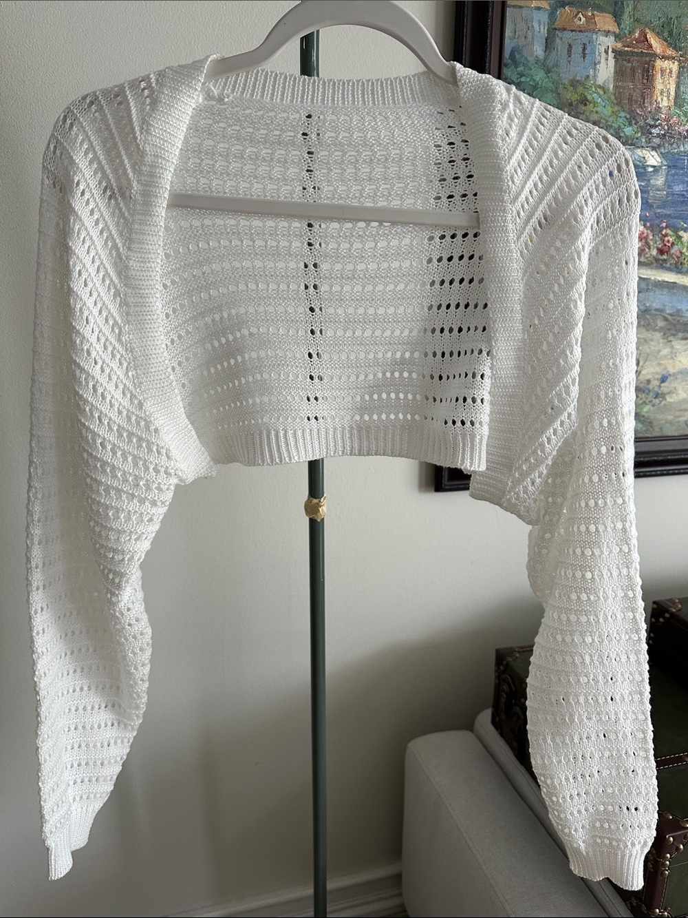 White Open-Knit Cropped Shrug Sweater - Women's